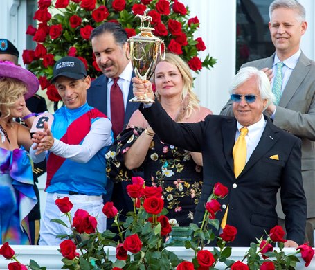 John R. Velazquez (L) and Bob Baffert (R) in the winners' circle after Medina Spirit's victory in the Kentucky (G1) race at Churchill Downs in Louisville, Kentucky on May 1, 2021.