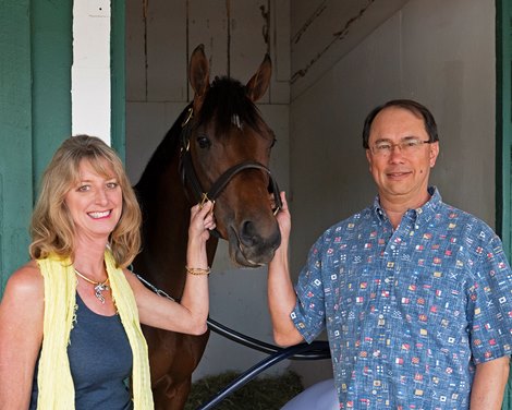 John and Diane Fradkin with Rombauer at Pimlico.<br>
Racing on Black-eyed Susan day during Preakness week in Baltimore, MD, on May 14, 2021.