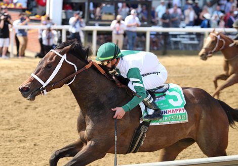 Chub Wagon #5 with Irad Ortiz, Jr. riding won the $100,000 Runhappy Skipat Stakes at Pimlico Racecourse on Saturday May 15, 2021.  Photo by Bill Denver/MJC