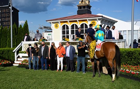 Army Wife with jockey Joel Rosario easily handled the field to win the 97th running of the Black Eyed Susan at Pimlico Race Track Friday  May 14, 2021 in Baltimore, MD