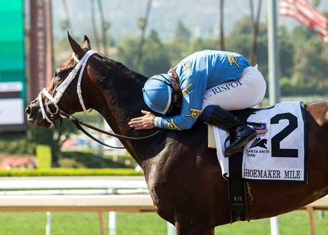 Cannon Thoroughbreds&#39; Smooth LIke Strait and jockey Umperto Rispoli win the Grade I $300,000 Shoemaker Mile Monday, May 31, 2021 at Santa Anita Park, Arcadia, CA.<br><br />
Benoit Photo