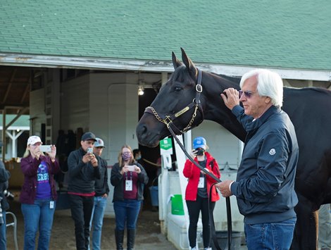 Medina Spirit the morning after winning the Kentucky Derby (G1) with Bob Baffert and media. <br><br />
Kentucky Derby and Oaks horses, people and scenes at Churchill Downs in Louisville, Ky., on May 2, 2021.