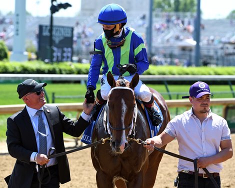 Jackie&#39;s Warrior ridden by jockey Joel Rosario won the Pat Day Mile Stakes (G2) at Churchill Downs, Saturday, May 1, 2021 in Louisville, KY.