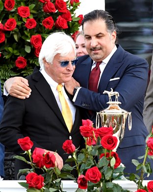 Trainer Bob Baffert (L) and Owner Amr Zedan (R), celebrate with the trophy after Medina Spirit ridden by jockey John R. Velazquez won the 147th Kentucky Derby (G1) at Churchill Downs, Saturday, May 1, 2021 in Louisville, KY.  