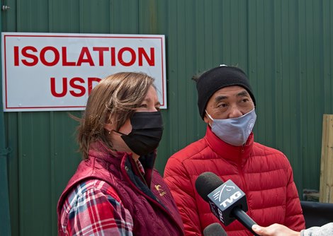 (L-R): Translator Kate Hunter with trainer Hideyuki Mori (France Go de Ina)<br><br />
Horses during Preakness week in Baltimore, MD, on May 12, 2021. 