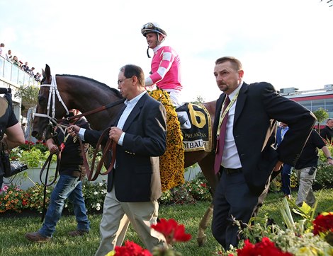 Owner John Fradkin and Trainer Michael McCarthy guide Rombauer #6 with Flavien Prat to the winners circle after winning the $1,000,000 Grade I Preakness Stakes at Pimlico Racecourse on Saturday May 15, 2021.  Photo by Bill Denver/MJC