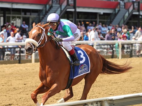 Spice Is Nice with John Velazquez riding won the Allaire Dupont Distaff Stakes at Pimlico Racecourse on Friday May 14, 2021.  Photo by Bill Denver/MJC