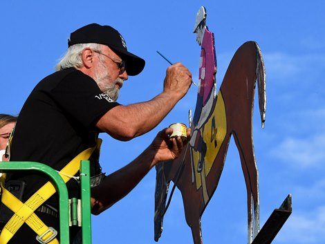 The weather vane on the infield cupola is painted the colors of Rombauer winning the 146th running of the Preakness Stakes at Pimlico Race Course Saturday  May 15, 2021 in Baltimore, MD. 