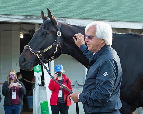 Medina Spirit the morning after winning the Kentucky Derby (G1) with Bob Baffert and media. <br><br />
Kentucky Derby and Oaks horses, people and scenes at Churchill Downs in Louisville, Ky., on May 2, 2021.