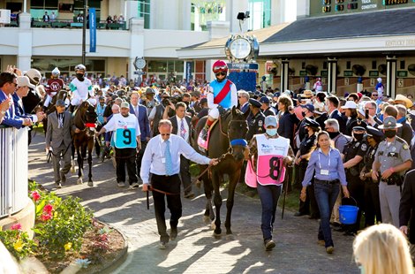 Medina Spirit with John Velazquez on leaves the paddock before winning Kentucky Derby 147 Saturday May 1, 2021 at Churchill Downs in Louisville, Ky. 