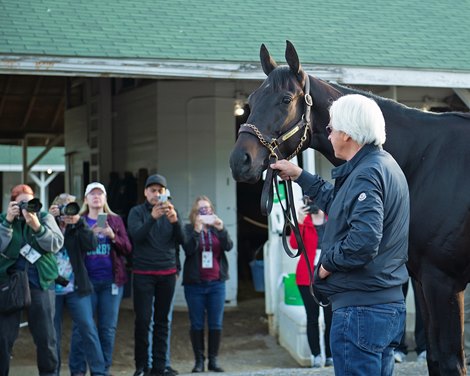 Medina Spirit the morning after winning the Kentucky Derby (G1) with Bob Baffert and media. Kentucky Derby and Oaks horses, people and scenes at Churchill Downs in Louisville, Ky., on May 2, 2021. 