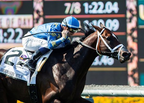 Cannon Thoroughbreds&#39; Smooth LIke Strait and jockey Umberto Rispoli win the Grade I $300,000 Shoemaker Mile Monday, May 31, 2021 at Santa Anita Park, Arcadia, CA. Benoit Photo