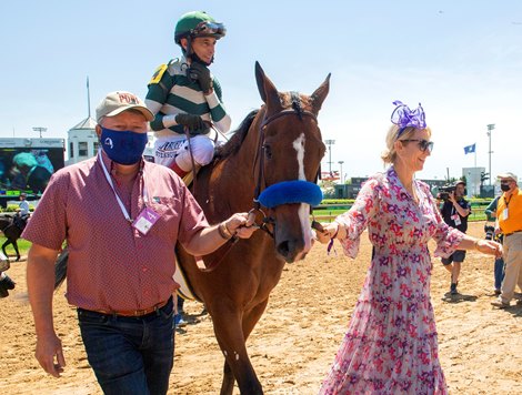 (L-R): Roberto Luna, John Velazquez with Gamine, and Charlene Petersen after their win of the Derby City Distaff (G1) at Churchill Downs in Louisville, Kentucky on May 1, 2021.