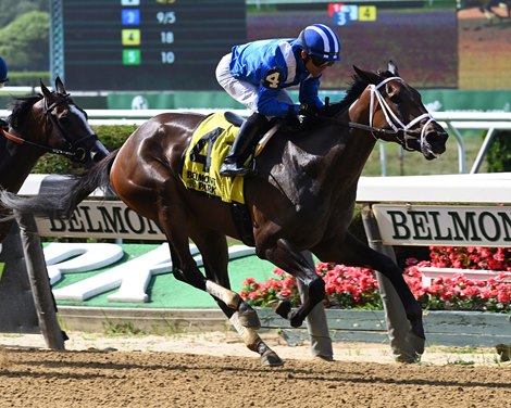 Zaajel wins the 2021 Mother Goose Stakes at Belmont Park