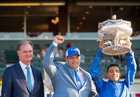 (L-R): Jimmy Bell, Brad Cox, Luis Saez. Essential Quality with Luis Saez wins the Belmont Stakes (G1) at Belmont Park on June 5, 2021.