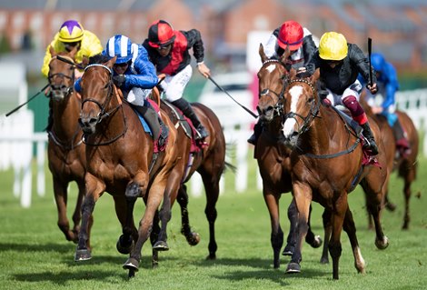 Eshaada (Jim Crowley,left) beats Gloria Mundi in the 1m 2f fillies&#39; trial<br><br />
Newbury 15.5.21 Pic: Edward Whitaker/Racing Post