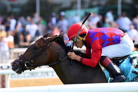 Runaway Rumour wins the 2021 Wild Applause Stakes at Belmont Park