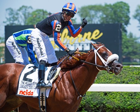 Drain the Clock with jockey Jose Ortiz aboard wins the 37th running of The Woody Stephens on Belmont Stakes Day at Belmont Park Saturday June 5, 2021 in Elmont, N.Y.  