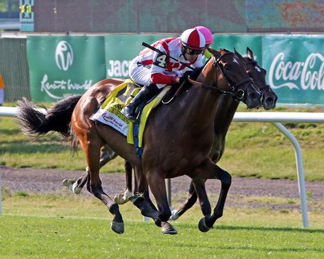 Domestic Spending with Flavien Prat win the 119th Running of the Manhattan at Belmont Park on June 5, 2021