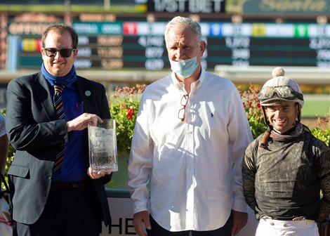 The Chosen Vron and jockey Umberto Rispoli, right, overpower Defunded (Abel Cedillo), left, to win the Grade III, $100,000 Affirmed Stakes, Sunday, June 13, 2021 at Santa Anita Park, Arcadia CA.<br><br />
&#169; BENOIT PHOTO