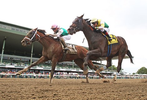 Mandaloun #2 (L) with Florent Geroux riding held off the challenge of #4 Weyburn and Dylan Davis to win the $150,000 Pegasus Stakes Monmouth Park Racetrack in Oceanport, NJ on Sunday June 13, 2021.  Photo By Bill Denver/EQUI-PHOTO