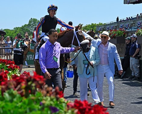 Drain the Clock with Jose Ortiz wins the Woody Stephens Stakes (G1) Presented by Nassau County Industrial Development Agency at Belmont Park on June 5, 2021.