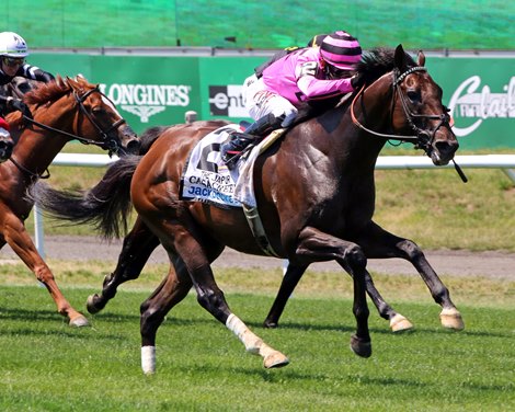 Casa Creed with Junior Alvarado win the 38th Running of the Jaipur (GI) at Belmont Park on June 5, 2021. 