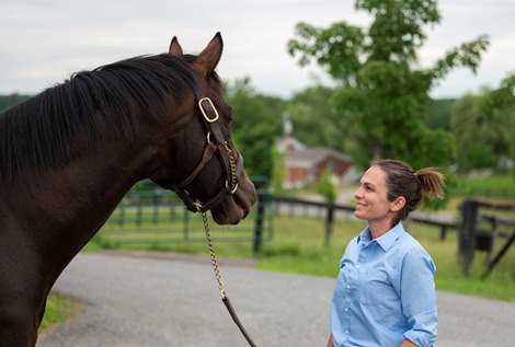 Jane McMahon with Central Banker outside of the breeding shed at McMahon Thoroughbred Farm June 11, 2021 in Stillwater, N.Y. . Photo by Skip Dickstein