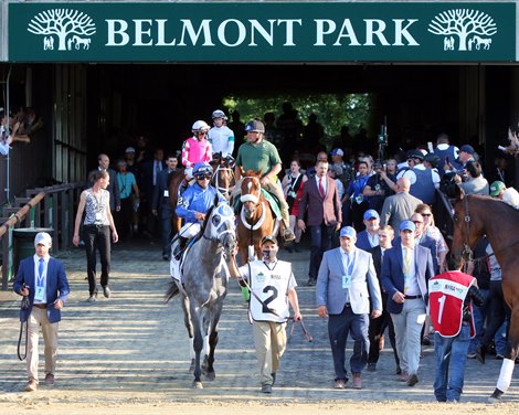 Essential Quality with Luis Saez head to the track prior to winning the 153rd Running of The Belmont Stakes at Belmont Park on June 5, 2021