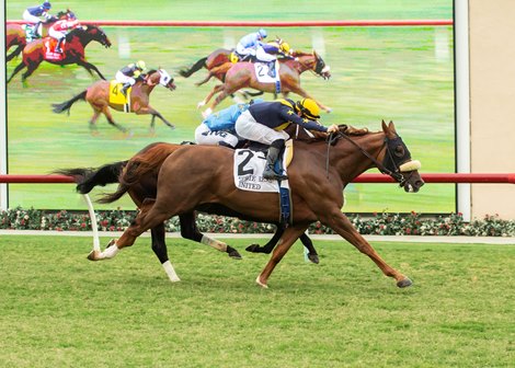 United and jockey Flavien Prat, outside, outleg Smooth Like Strait (Umberto Rispoli), inside, to win the Grade II, $250,000 Eddie Read Stakes, Saturday, July 24, 2021 at Del Mar Thoroughbred Club, Del Mar CA.<br><br />
&#169; BENOIT PHOTO