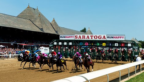 The first race leaves the starting gate on Opening Day of the 153rd meeting at the Saratoga Race Course  Thursday July 15, 2021 in Saratoga Springs, N.Y. The race was won by Charlie’sarchangel ridden by jockey Irad Ortiz Jr.
