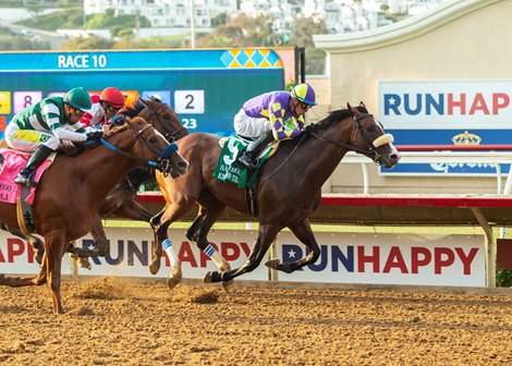 Express Train and jockey Juan Hernandez, right, outleg Tripoli (Tiago Pereira), left, to win the Grade II, $250,000 San Diego Handicap, Saturday, July 17, 2021 at Del Mar Thoroughbred Club, Del Mar CA.<br><br />
&#169; BENOIT PHOTO