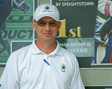 Derek McKenzie with Vinery Sales.<br><br />
Scenes, people and horses at The July Sale at Fasig-Tipton near Lexington, Ky. on July 10, 2021. 