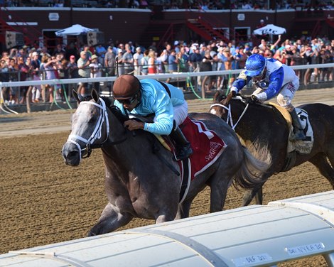 Pretty Birdie wins the Schuylerville Stakes at Saratoga