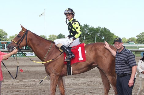 Trainer Wayne Potts (R) with Batterbatterswing and jockey Christian Navarro in the winners circle at Monmouth Park on 6/6/21.  Photo By Bill Denver/EQUI-PHOTO.