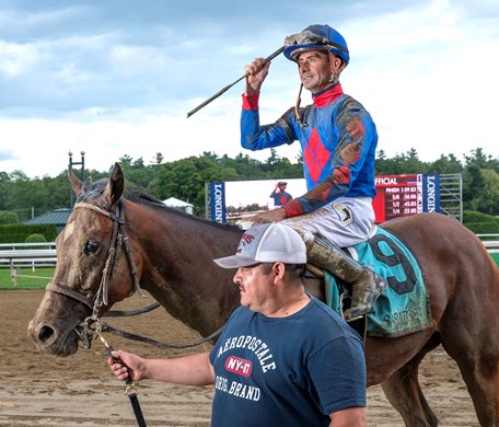 Bell’s the One enters the winner’s circle with jockey Corey Lanerie aboard and a thrilling finish to win the 30th running of The Honorable Miss Stakes GII at The Saratoga Race Course Wednesday July 28, 2021 in Saratoga Springs, N.Y.  Photo  by Skip Dickstein