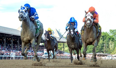 Essential Quality with jockey Luis Saez duels to the finish with Keepmein mind with jockey Joel Rosario aboard to win the 58th running of The Jim Dandy G2 at the Saratoga Race Course Saturday July 31, 2021 in Saratoga Springs, N.Y. 