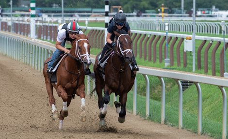 Country Grammer trained by Todd Pletcher, right works on the Main track at the Saratoga Race Course in company with Ashiham Saturday July 17, 2021 in Saratoga Springs, N.Y. in preparation for his next start in The Whitney G1at the Spa
