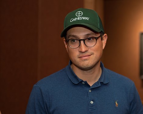 Alex Solis. Hip 123 filly by Into Mischief out of Cashing Tickets from Burleson Farms, agent.<br>
Scenes, people and horses at The July Sale at Fasig-Tipton near Lexington, Ky. on July 13, 2021. 