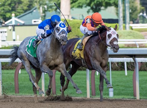 Essential Quality with jockey Luis Saez duels to the finish with Keepmein mind with jockey Joel Rosario aboard to win the 58th running of The Jim Dandy G2 at the Saratoga Race Course Saturday July 31, 2021 in Saratoga Springs, N.Y. 