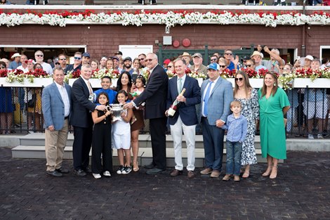 Connection gather in the winner’s circle after Essential Quality with jockey Luis Saez won the 58th running of The Jim Dandy G2 at the Saratoga Race Course Saturday July 31, 2021 in Saratoga Springs, N.Y. 