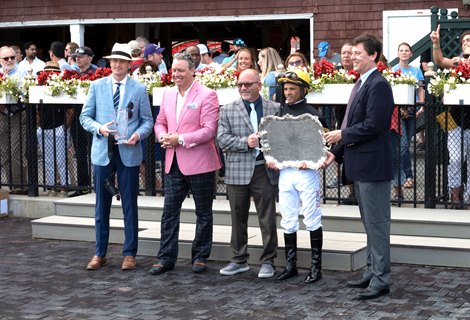 The connections of Lexitonian gather in the winner’s circle after winning the 37th running of the Vanderbilt G1 at the Saratoga Race Course Saturday July 31, 2021 in Saratoga Springs, N.Y. Photo  by Skip Dickstein/Tim Lanahan