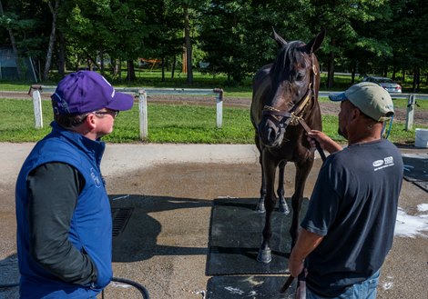 Trainer Brendan Walsh watches early Morning line favorite Maxfield get a bath after his final speed work for next week’s Whitney Stakes and works at The Saratoga Race Course Saturday July.31, 2021 in Saratoga Springs, N.Y.  