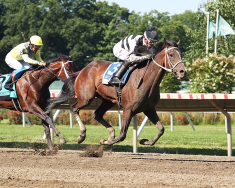 Leader of the Band #3 with Frankie Pennington riding won the $250,000 G3 Monmouth Oaks at Monmouth Park Racetrack in Oceanport, NJ on Saturday July 31, 2021. 2nd was Edie Meeny Miny Mo #9 and Victor Espinoza.  