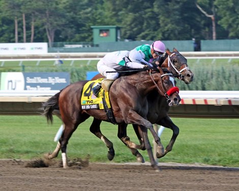 Mandaloun with Florent Geroux and Hot Rod Charlie with Flavien Prat in the stretch of the 54th Running of the Haskell Invitational at Monmouth Park on July 17, 2021