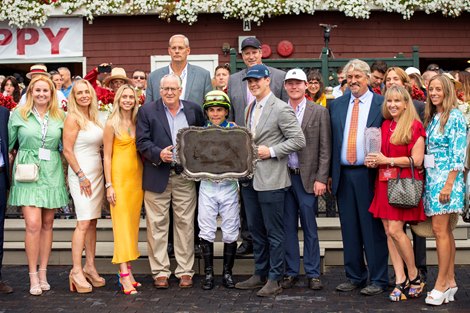 Chandler Carter, Mark Toothaker, Steve Asmussen and winning connections in the winner’s circle after Jackie&#39;s Warrior with Joel Rosario win the H. Allen Jerkens Memorial Stakes (G1) at Saratoga Race Course in Saratoga Springs, N.Y., on Aug. 28, 2021. 
