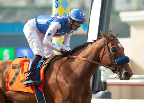 Baoma Corp&#39;s Private Mission and jockey Flavien Prat win the Grade III $100,000 Torrey Pines Stakes Saturday, August 21, 2021 at Del Mar Thoroughbred Club  in Del Mar, CA.