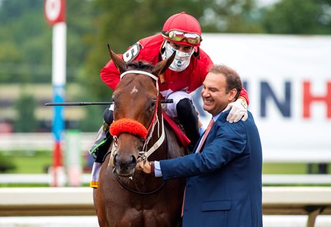 Fausto Gutierrez (R) joins Letruska with Irad Ortiz Jr. after win of the Personal Ensign Stakes (G1) at Saratoga Race Course in Saratoga Springs, N.Y., on Aug. 28, 2021.