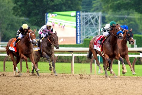Gamine with John R. Velazquez wins the Ketel One Ballerina Handicap (G1) at Saratoga Race Course in Saratoga Springs, N.Y., on Aug. 28, 2021. 