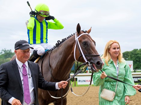 Chandler Carter (R) joins Jackie&#39;s Warrior with Joel Rosario after win of the H. Allen Jerkens Memorial Stakes (G1) at Saratoga Race Course in Saratoga Springs, N.Y., on Aug. 28, 2021. 